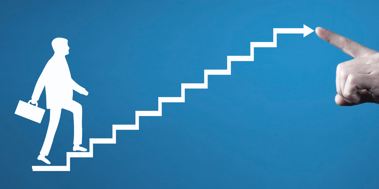 Businessman climbing on career ladder. Personal development. Career growth