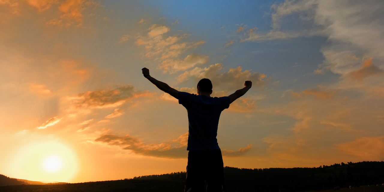 nature, amazing sunset and person with hands raised up.