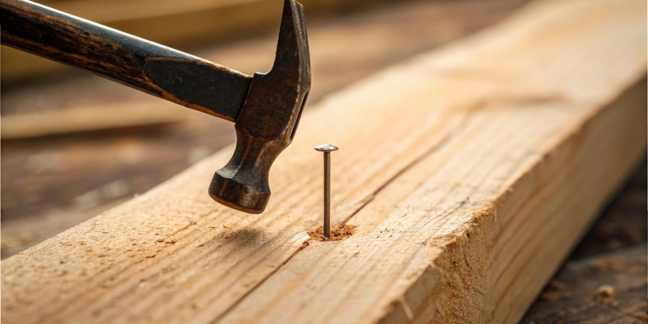 Hammer Striking Nail on Wooden Plank